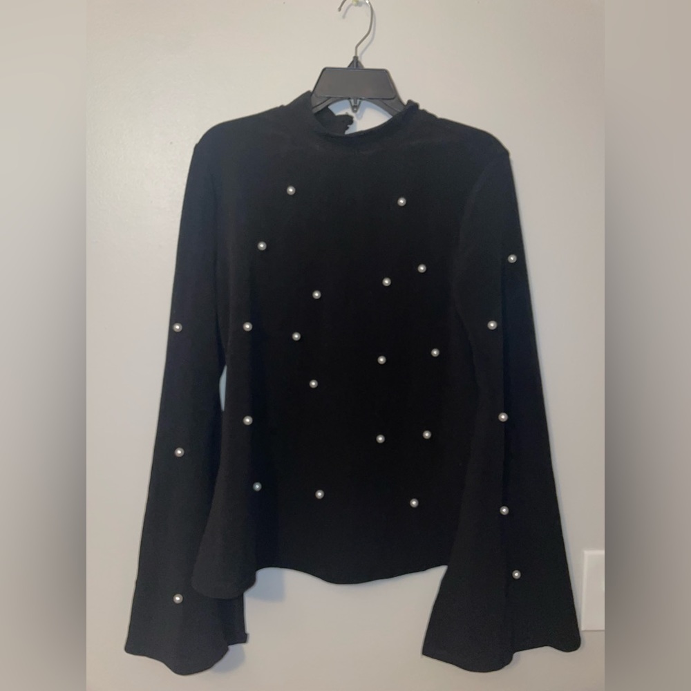 Shein black Pearl beaded shirt flared arms high neck XL
